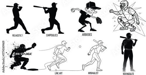 Stylized baseball player illustrations, artistic styles, batting, pitching, catching, running, cartoon, line art, polygonal, silhouette set