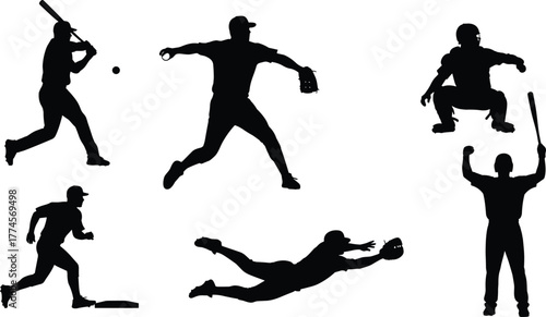 Stylized baseball player illustrations, artistic styles, batting, pitching, catching, running, cartoon, line art, polygonal, silhouette set