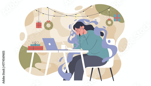 Stressed woman suffering holiday burnout while working Christmas depression and anxiety concept