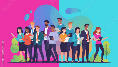 Happy diverse team of employees networking and using digital technology