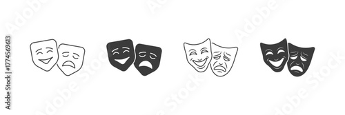 Theatre masks icon set. Comedy and tragedy symbols. Classic theatrical masks. Vector illustration.