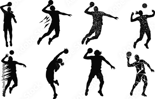 Stylized volleyball player silhouettes, action poses, spiking, serving, jumping, abstract motion effects, sports icon set, black illustration