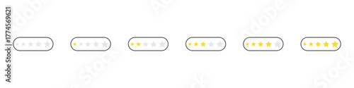 Star rating bars icon set. Rating levels from 0 to 5 stars. Minimal UI design. Vector illustration.