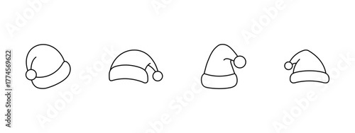 Line icon set of Santa hats. Minimalist outline icons of Christmas caps with pom-poms. New Year graphics, and Christmas-themed projects. Vector illustration.