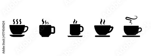 Coffee cup icon set. Black silhouette symbols of hot drinks, tea, and espresso mugs with steam. Vector illustration.