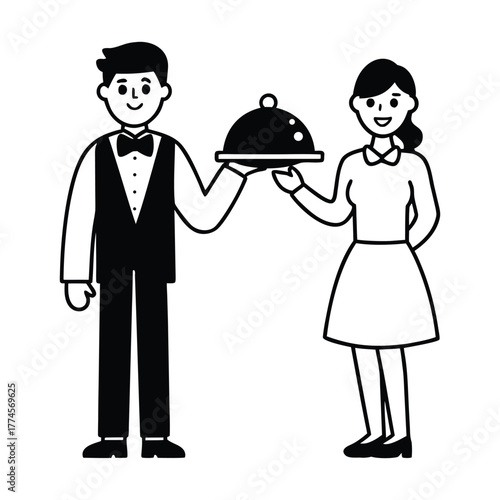 Waiter and Waitress Serving Food – Hospitality Vector Illustration