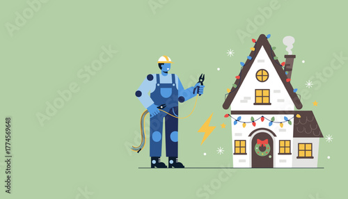 Electrician installs holiday lights on a house Professional home service and winter maintenance illustration