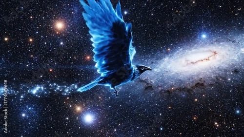 Cosmic illustration of a glowing raven in flight against a starry galaxy background with celestial elements
