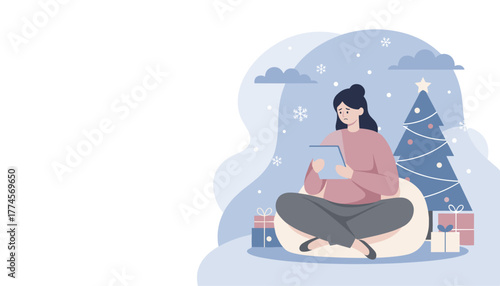 Holiday stress Sad woman uses a tablet while sitting near a Christmas tree