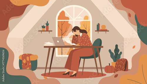 Woman stressed by work pressure in autumn home office Remote worker burnout concept
