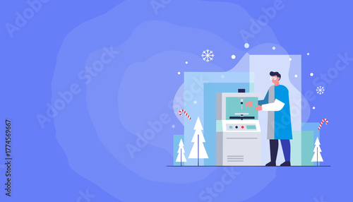 Winter holiday science concept with researcher operating hightech lab equipment and festive elements