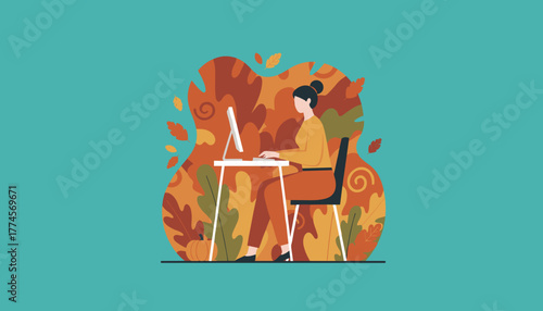 Woman working on a computer at a desk with fall foliage and pumpkin background Remote work concept