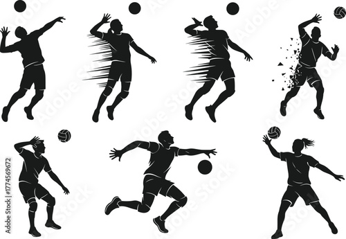 Stylized volleyball player silhouettes, action poses, spiking, serving, jumping, motion effects, sports icon set, black illustration