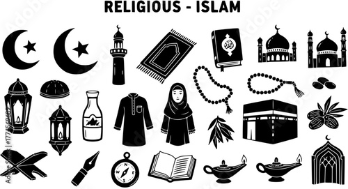 Comprehensive Set of Islamic Religious Symbols, Icons, and Cultural Elements. Black and white vector illustrations featuring mosques, Quran, prayer items, and traditional Muslim objects.