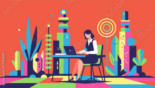 Modern professional working on a laptop in a vibrant abstract geometric cityscape office