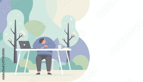 Tired worker sleeping on a desk with a laptop in a stylized winter park setting Burnout concept