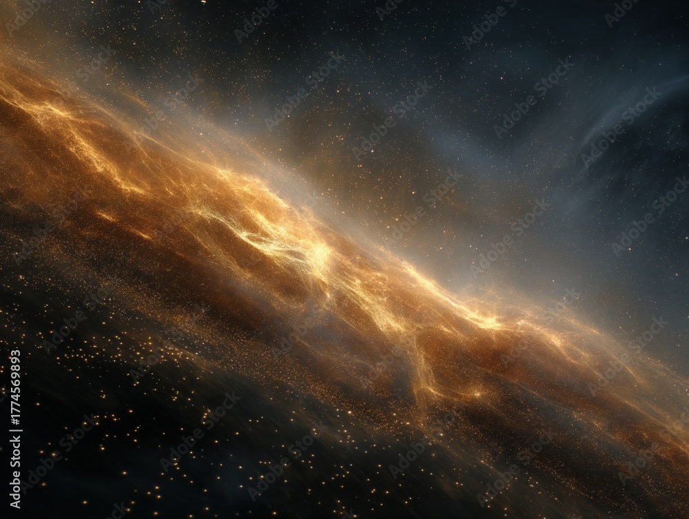 Fototapeta premium Stunning cosmic nebula ablaze with golden light, illuminating distant stars in the vast expanse of deep space, an awe inspiring view.