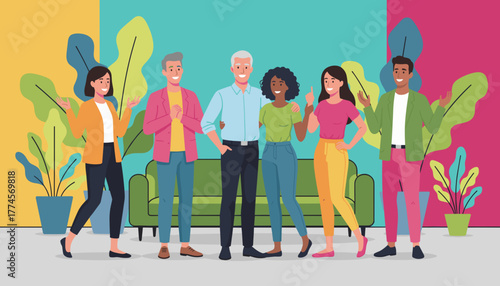 Smiling diverse people group standing together in a vibrant plantfilled indoor setting