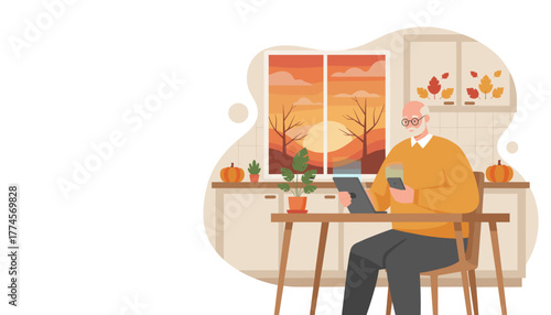 Elderly man using tablet and phone at home during fall modern senior technology usage