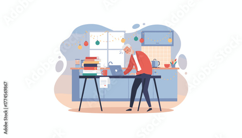 Stressed senior man working on a laptop surrounded by books in a holidaydecorated home kitchen