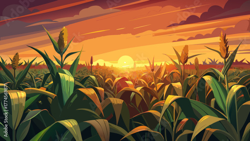 Very beautiful close-up view of an Iowa cornfield at sunset during golden hour, showcasing glowing corn stalks, warm sunlight, and the serene rural landscape of the Midwest.