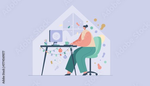 Woman works remotely in a cozy winter home office decorated for holidays