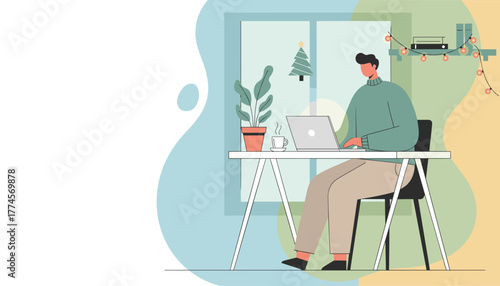 Remote worker uses laptop at home desk decorated for the holidays Worklife balance concept