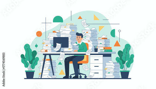 Office worker buried in massive paperwork piles Heavy workload stress and professional burnout concept
