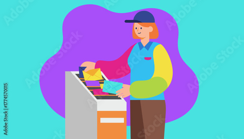 Postal worker sorting colorful mail Concept of delivery logistics and communication service