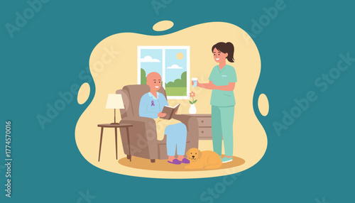 Caregiver providing medication and support to a happy patient at home Healthcare recovery and comfort