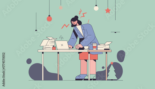 Burnout at work during holidays Frustrated employee with excessive workload and stress