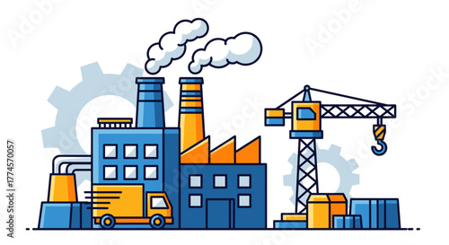 Industrial manufacturing facility with crane delivery truck and smokestacks Production logistics icon