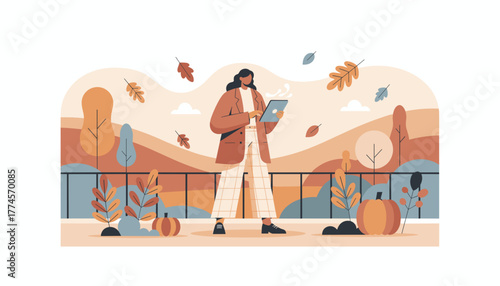 Woman works remotely on a tablet amidst a warm stylized autumn landscape