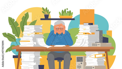 Overwhelmed senior employee stressed by excessive paperwork and bureaucratic overload
