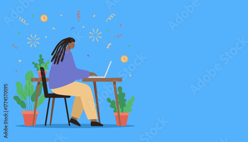 Celebrating successful remote work Person at laptop with confetti deadlines and plants