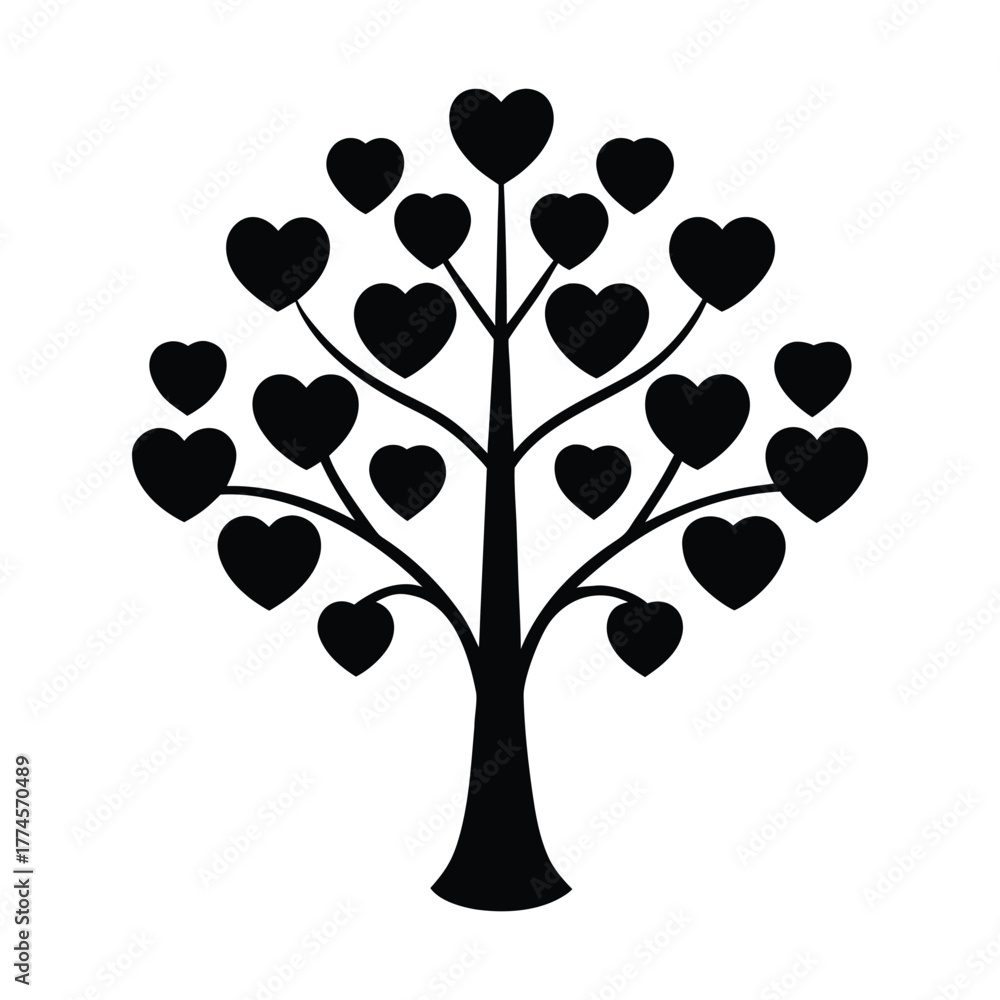 Fototapeta premium Heart Tree Silhouette – Romantic Love Growth Vector Illustration