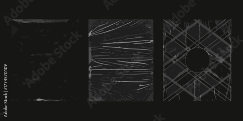 Three abstract dark textured panels showing a crumpled surface a stretched plastic wrap and a grid pattern with a circle cutout
