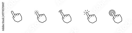 Hand cursor icon set. Touch gesture symbol. Linear vector illustrations of finger tap, click, and touch actions. Minimal outline symbols for mobile interface. Vector illustration.