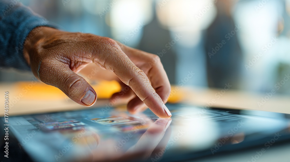 Obraz premium A close-up shows a hand touching a tablet screen. The finger presses the surface with soft focus in the background