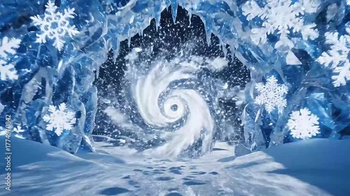 A breathtaking winter wonderland scene unfolds, centered on a majestic ice archway adorned with luminous snowflakes and shimmering icicles. This mystical gateway leads to a fantastical snow-covered pa