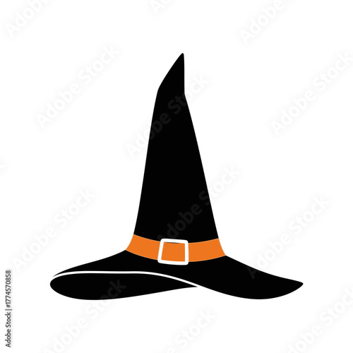 Black Witch Hat with Orange Buckle for Halloween Costume.