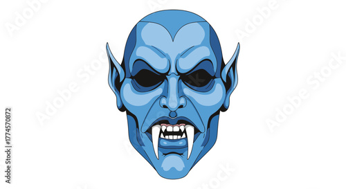 Blue Vampire Face with Sharp Fangs and Pointed Ears.