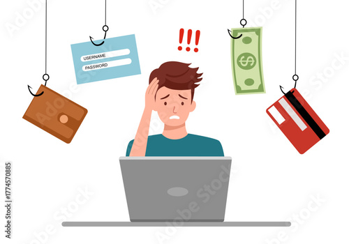 Cyber crime, online phishing scam in digital technology. Confused people with phishing hooks on SMS fraud link, credit card, password hacking and fake message and romance scam. Vector