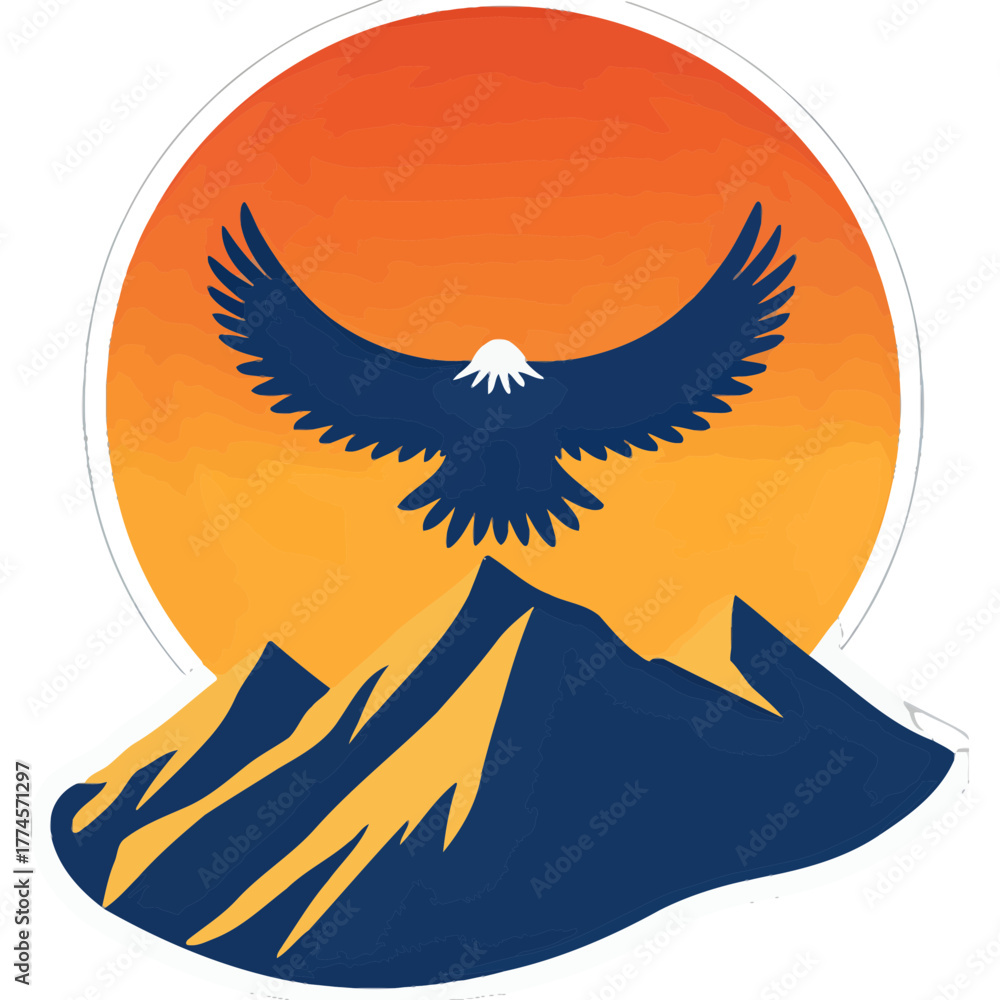 Obraz premium Majestic Eagle Soaring Above Mountain Peak at Sunrise | Powerful Eagle Flying Over Golden Morning Mountains | Scenic Sunrise with Eagle in Flight | Epic Wildlife Illustration of Eagle and Mountain