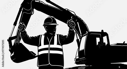 Silhouette of Construction Worker Operating Hydraulic Excavator