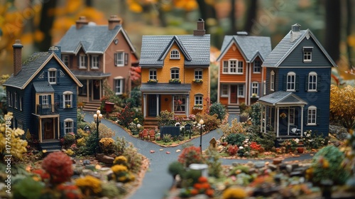 Fototapeta Naklejka Na Ścianę i Meble -  Miniature autumn town, colorful houses, landscaped gardens