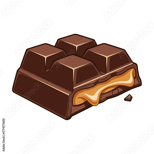 Chocolate bar with caramel filling partially bitten  