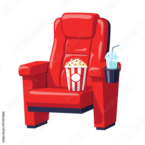 Red cinema chair with popcorn and drink for movie watching  
