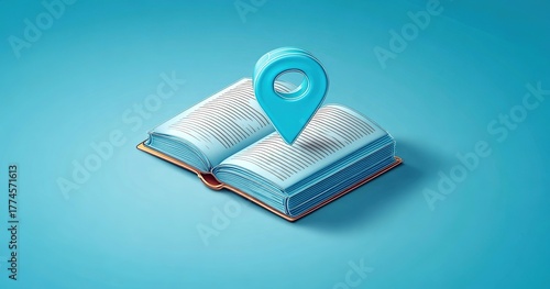 Geographic information system, open book with 3D location pin icon for educational concept, travel guide design, library and navigation technology, minimalist flat lay composition.