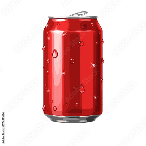 Red soda can with water droplets and shiny surface  